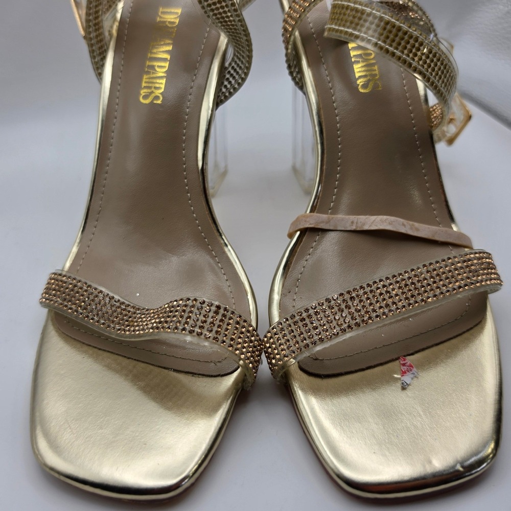 Dream Pairs Gold Rhinestone Clear Block Heel Sandals Square Toe SDHS2204W Size 8